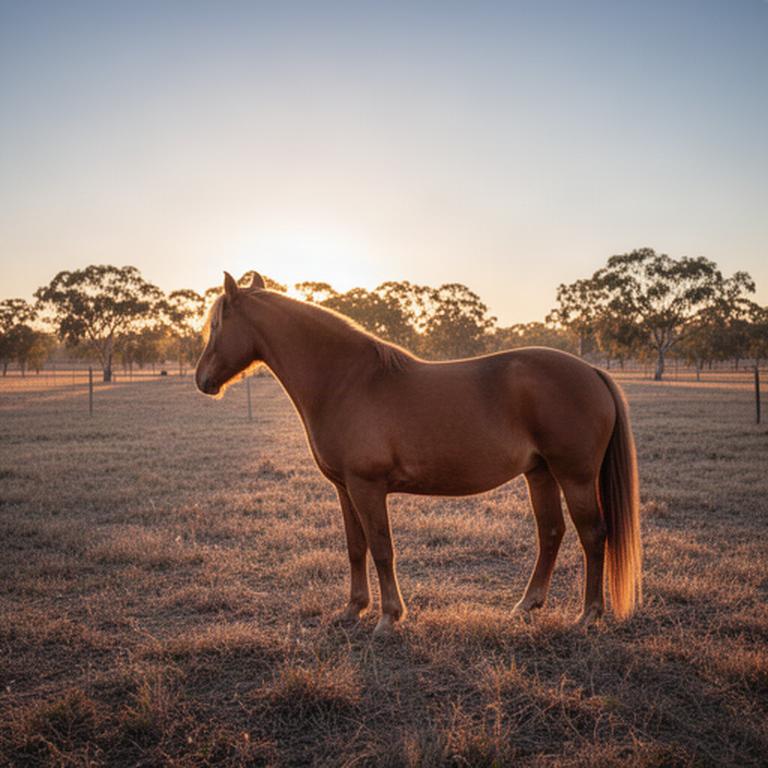 Warm evening light falling across a horse and rural paddock in the Riverina
