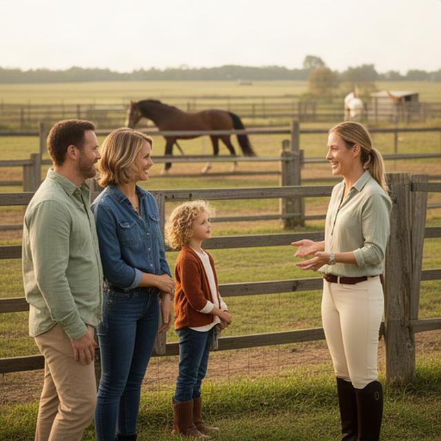 Family talking with an equestrian host near a fenced farm paddock