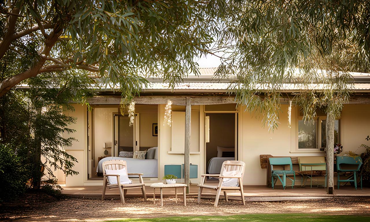 Simple country accommodation opening onto a shaded outdoor sitting area on a Riverina property