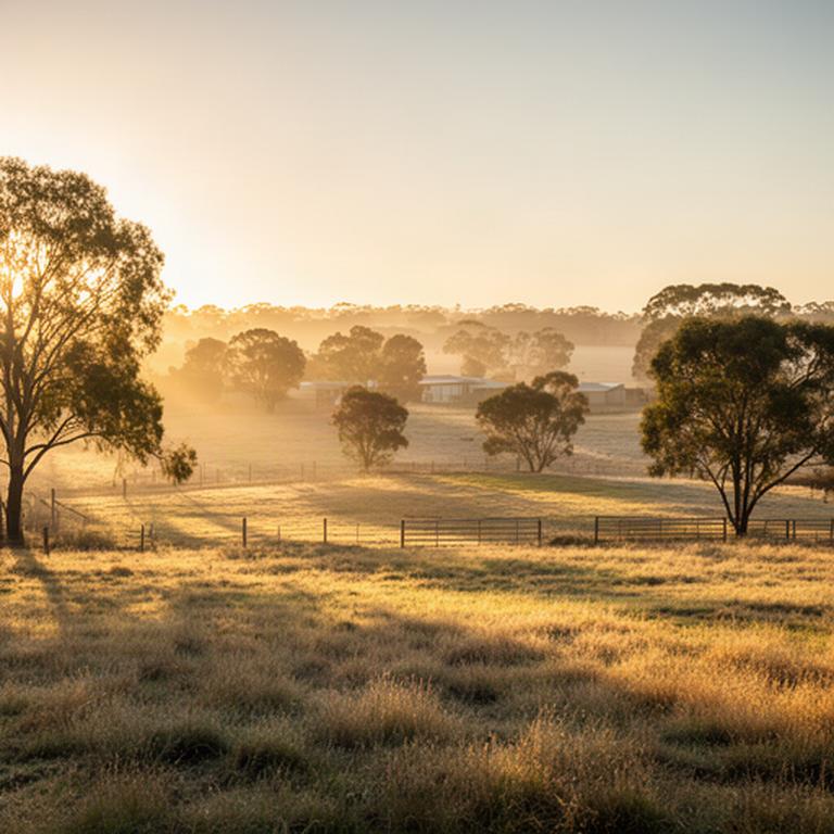 Golden light falling across a Riverina farm after a cool-season morning