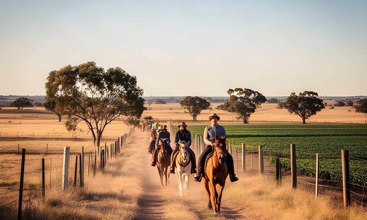 A guided ride moving along a farm track between open paddocks and scattered gum trees