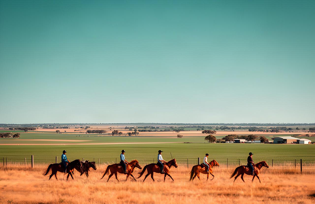Riders crossing open Riverina farmland on horseback beneath a broad summer sky