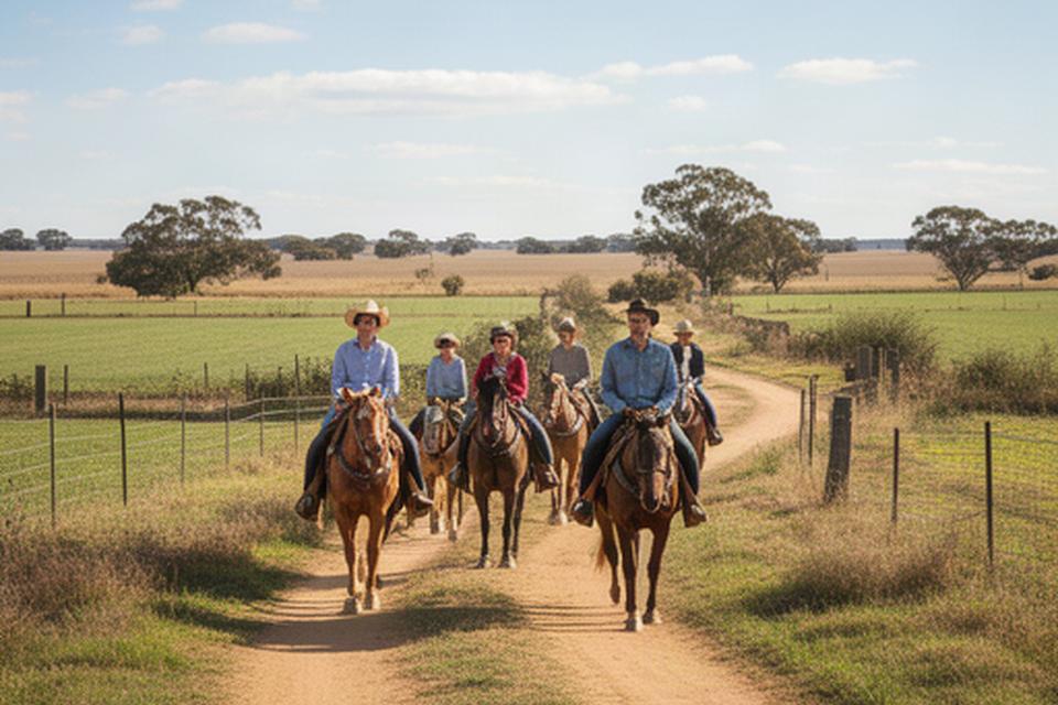 Small group riding along a quiet farm track bordered by Riverina paddocks
