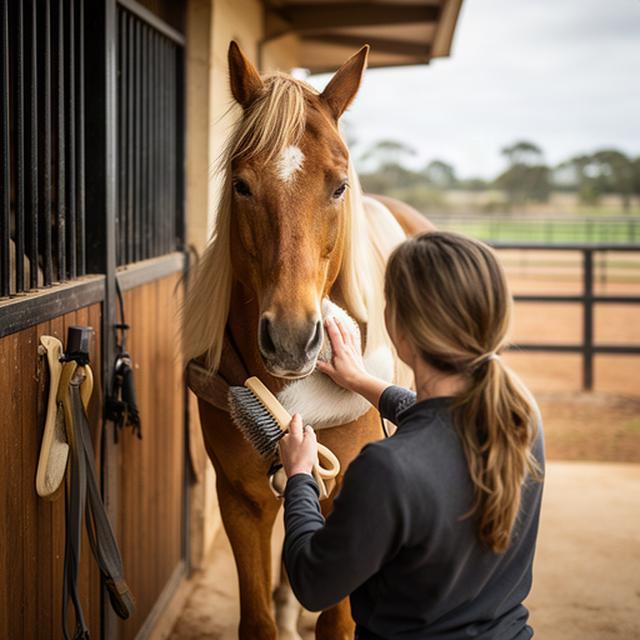 Visitor learning to brush a calm horse beside a working stable in Leeton