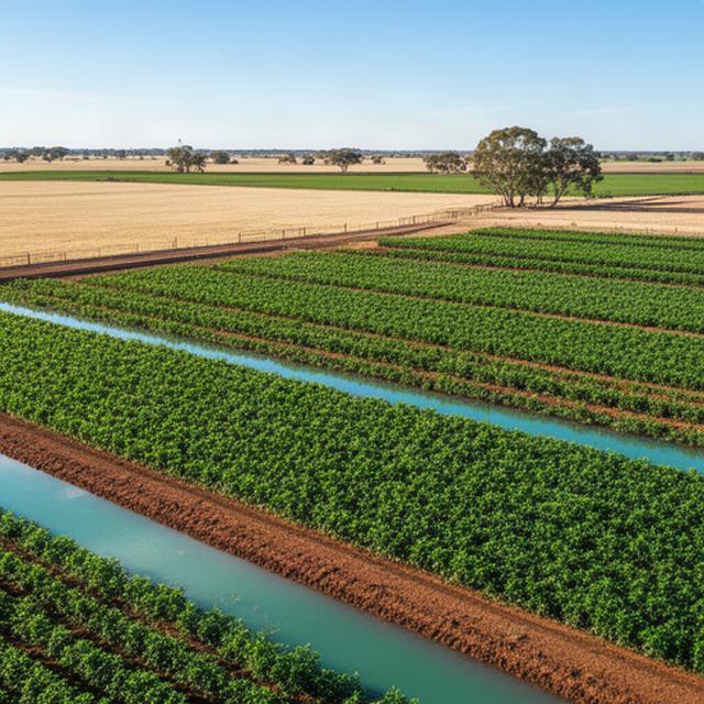 Irrigation channels and green crop rows showing the productive Riverina countryside