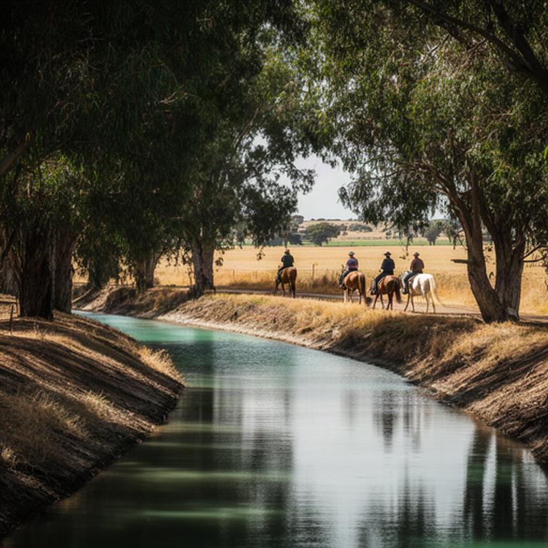 Horse riders passing a tree-lined irrigation channel in the Riverina