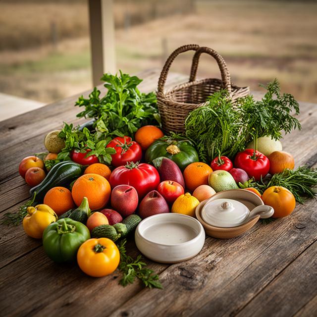 Seasonal Riverina produce arranged on a timber table in a country setting