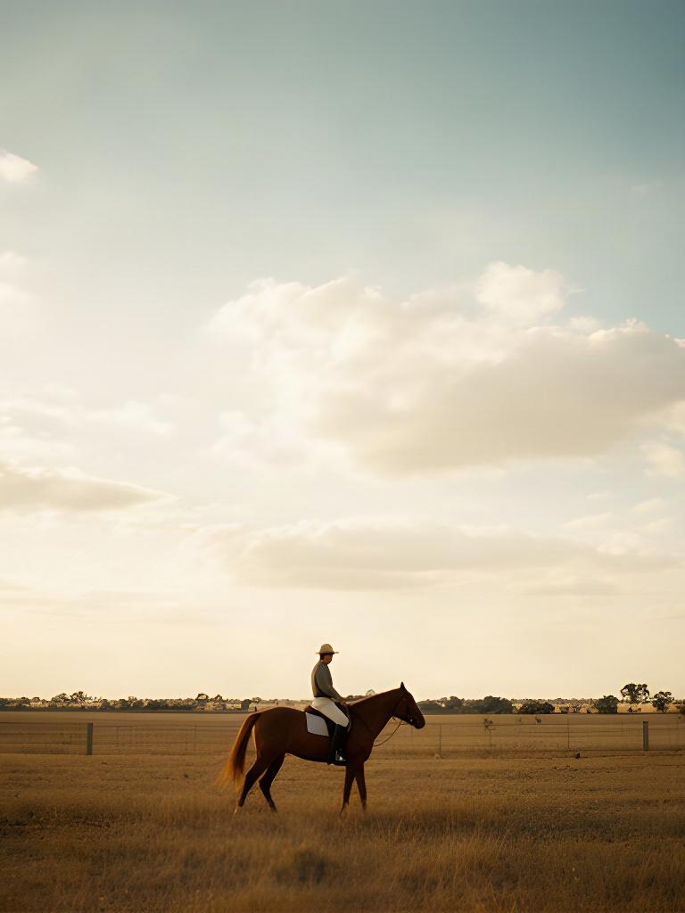Horse and rider beneath an expansive Riverina sky with open fields in the distance