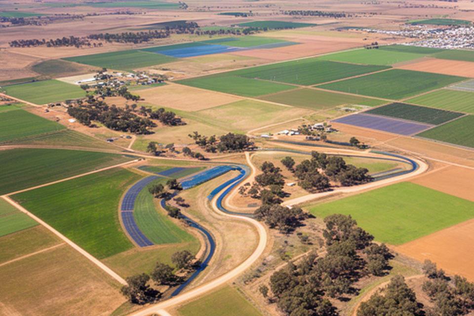 Aerial view of Riverina country roads, farms and irrigation patterns around Leeton