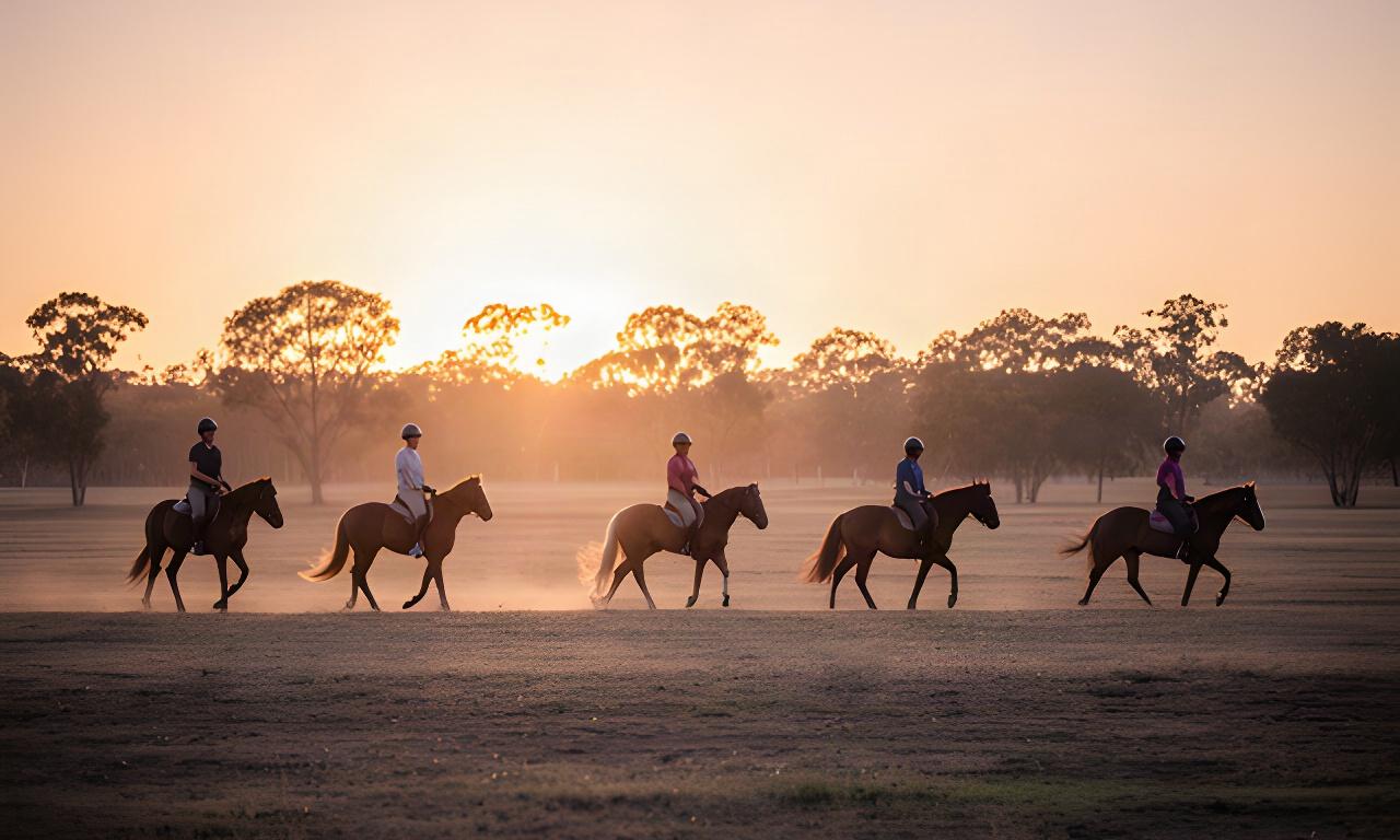 Riders crossing a Riverina paddock as the low sun lights the tree line