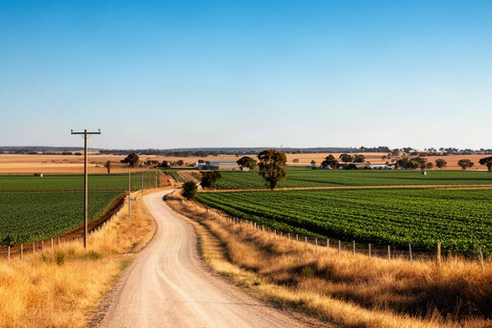Quiet country road winding between Riverina farms under a clear afternoon sky