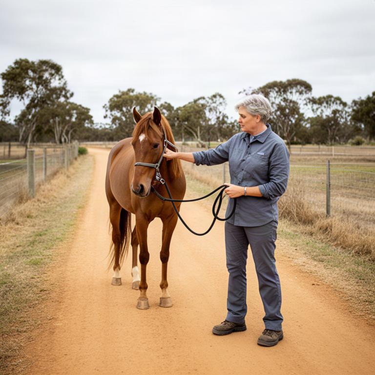 Instructor demonstrating a safe leading position with a horse on a quiet farm track