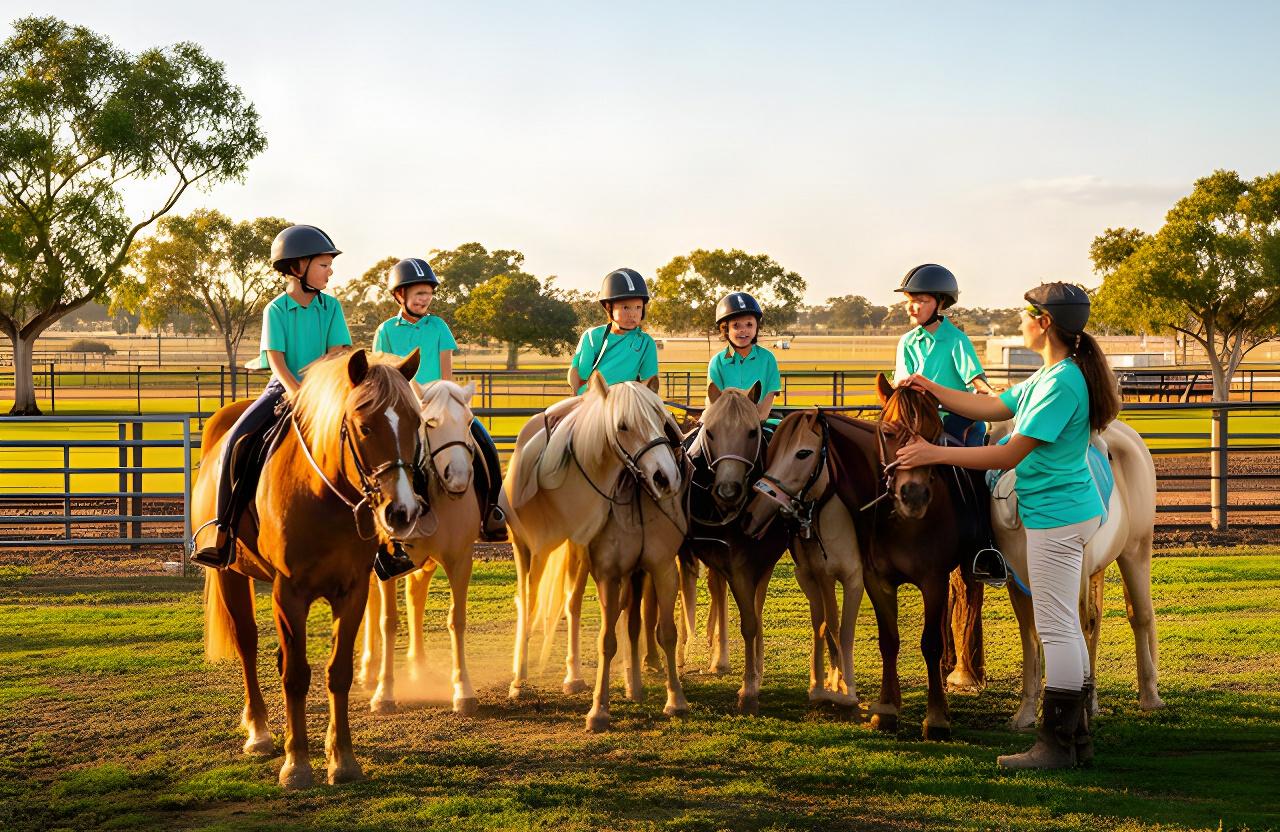 Children riding calm horses with an instructor on a sunlit rural property near Leeton
