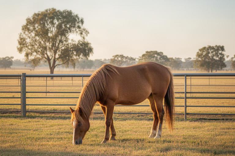 Horse grazing in a paddock during a short stay in the Leeton district