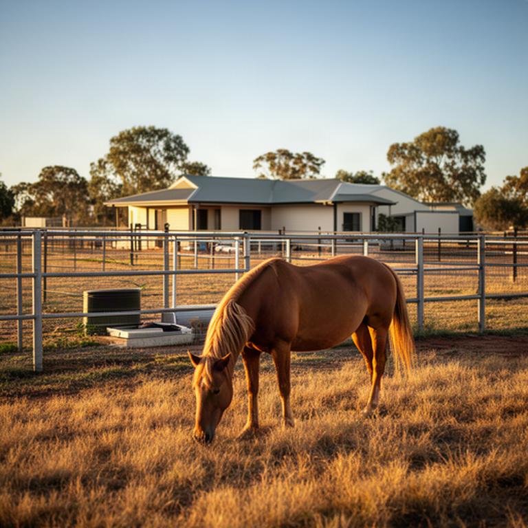 Horse grazing in a well-managed small paddock beside a rural property near Leeton