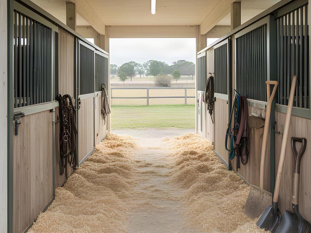 Clean horse stable with fresh bedding and tidy equipment at a small rural property