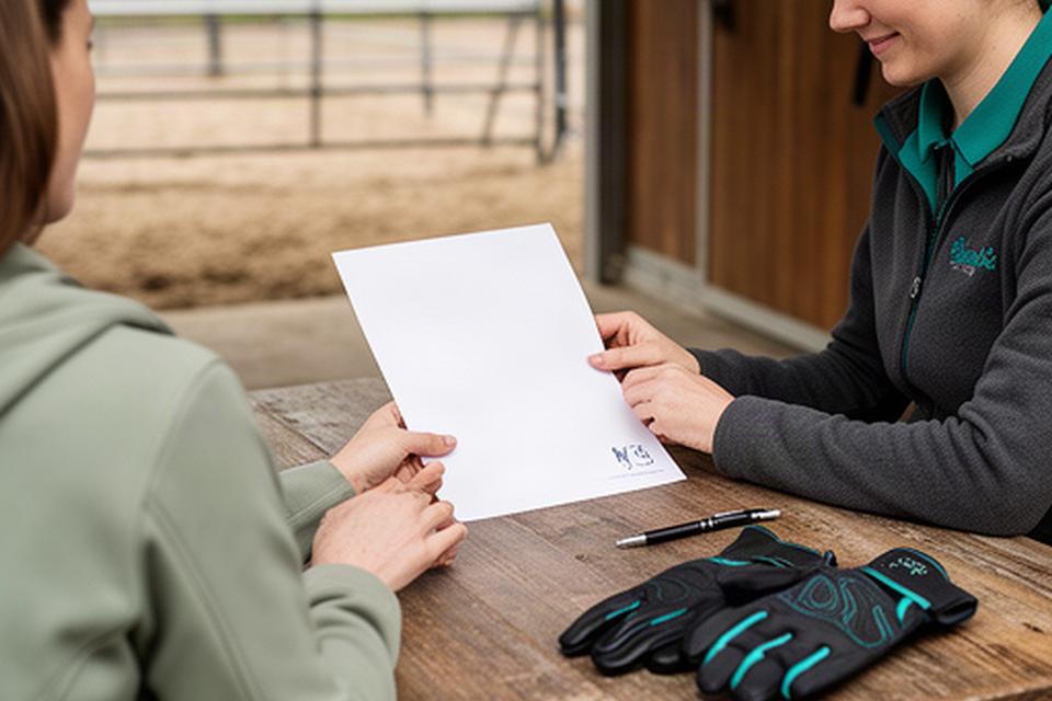 Guest reviewing a written riding booking offer at a timber table near the stables