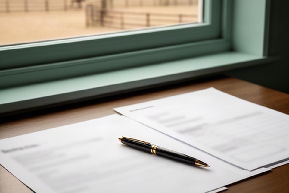 Booking notes and a pen on a desk with a stable yard visible through the window