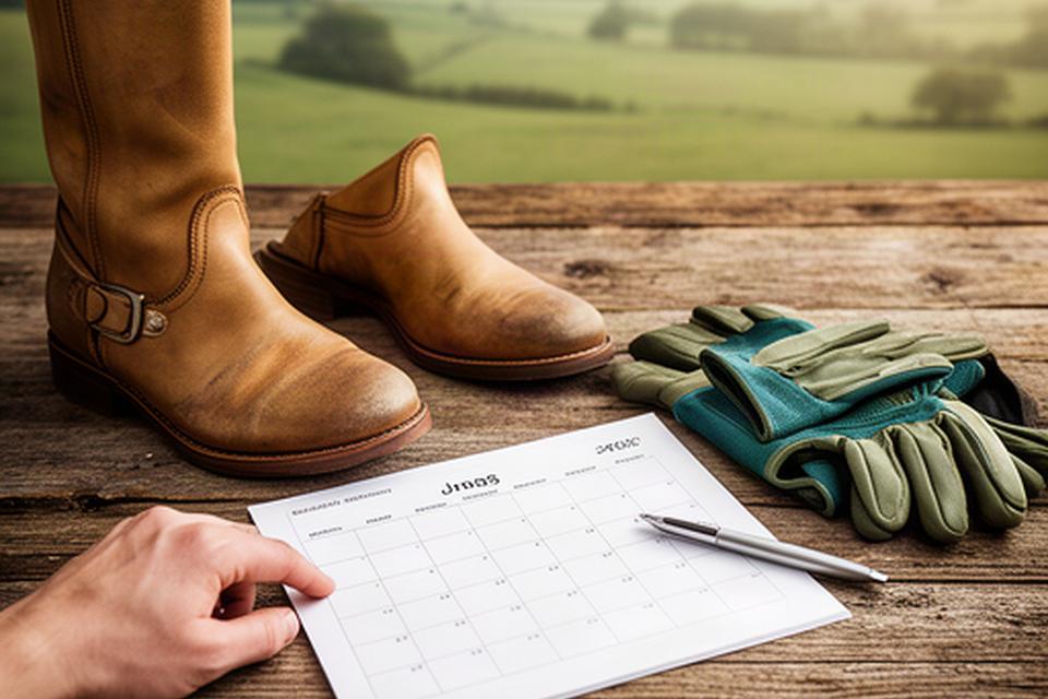 Rider checking a paper calendar beside riding boots while planning a visit to the property