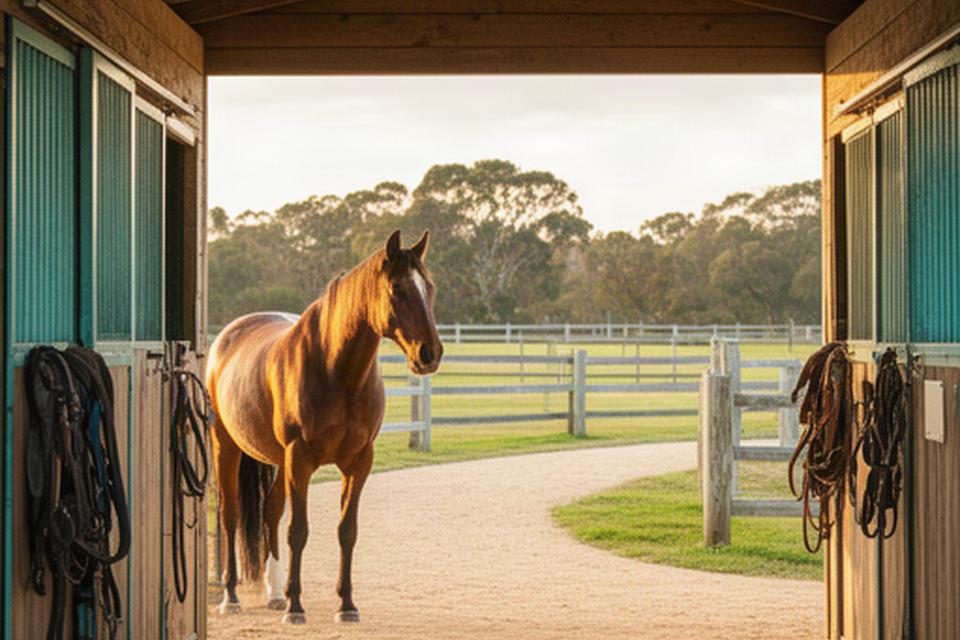 Welcoming stable yard at Gibbs Road with a horse waiting near the entrance