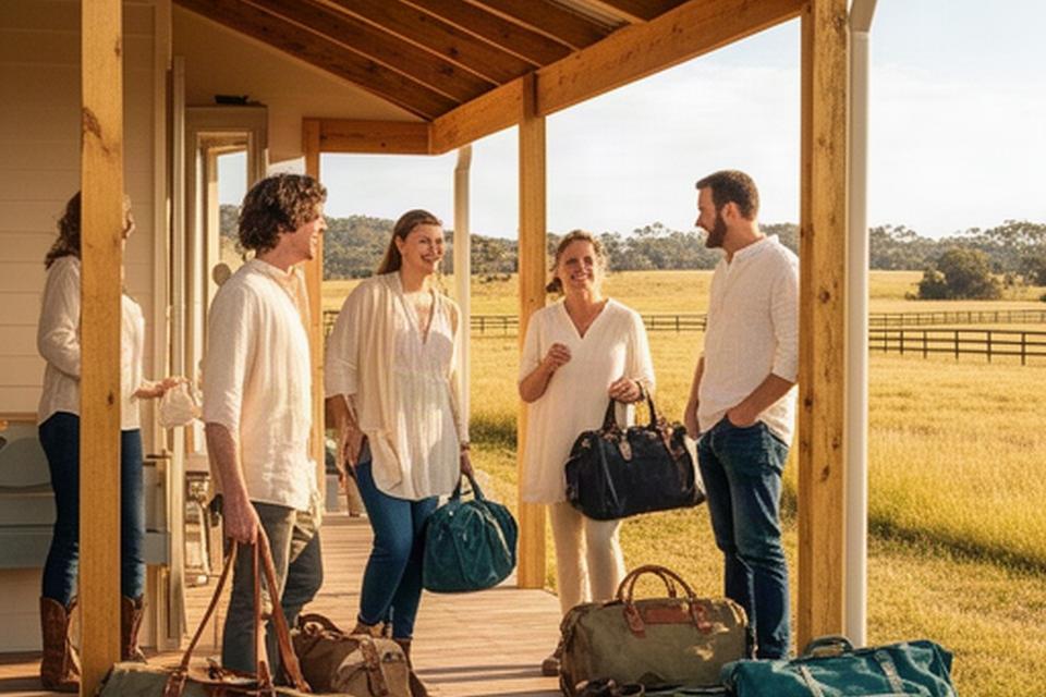 Guests arriving at a country farm stay with overnight bags, a timber verandah and paddocks beyond