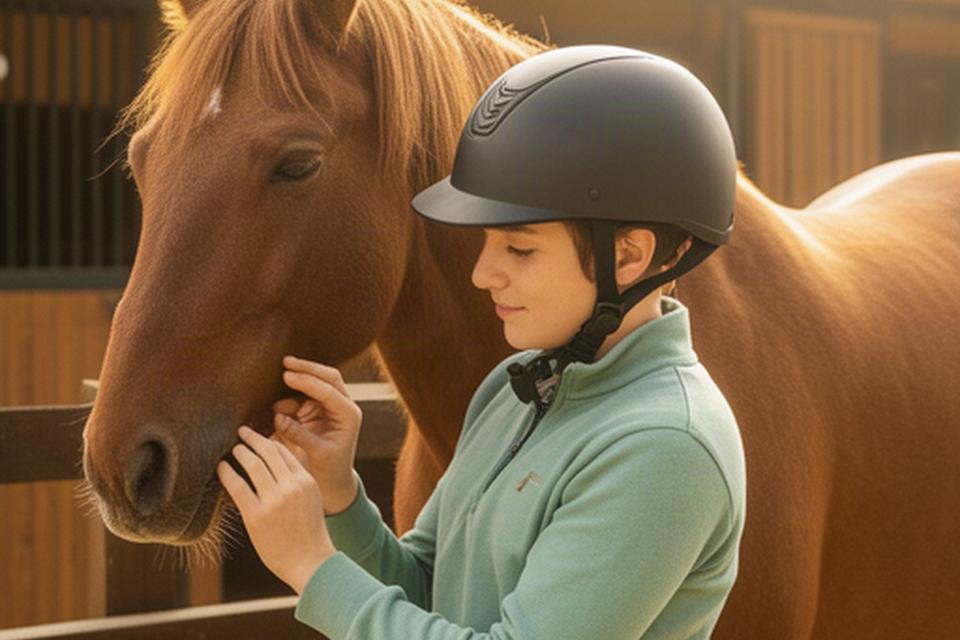 Instructor helping a young rider adjust a correctly fitted helmet beside a calm horse in a stable yard