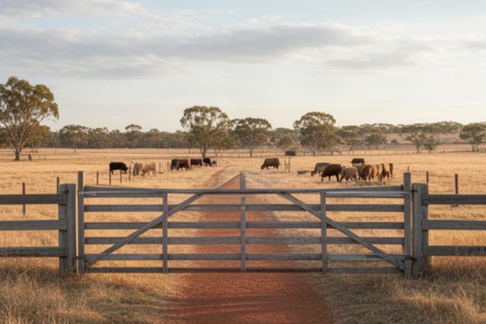 Closed farm gate beside grazing livestock and a marked guest path on a rural Leeton property
