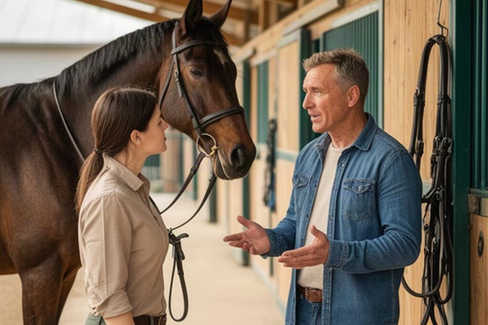 Rider speaking with an instructor at a stable before a lesson, with a bridle and horse nearby