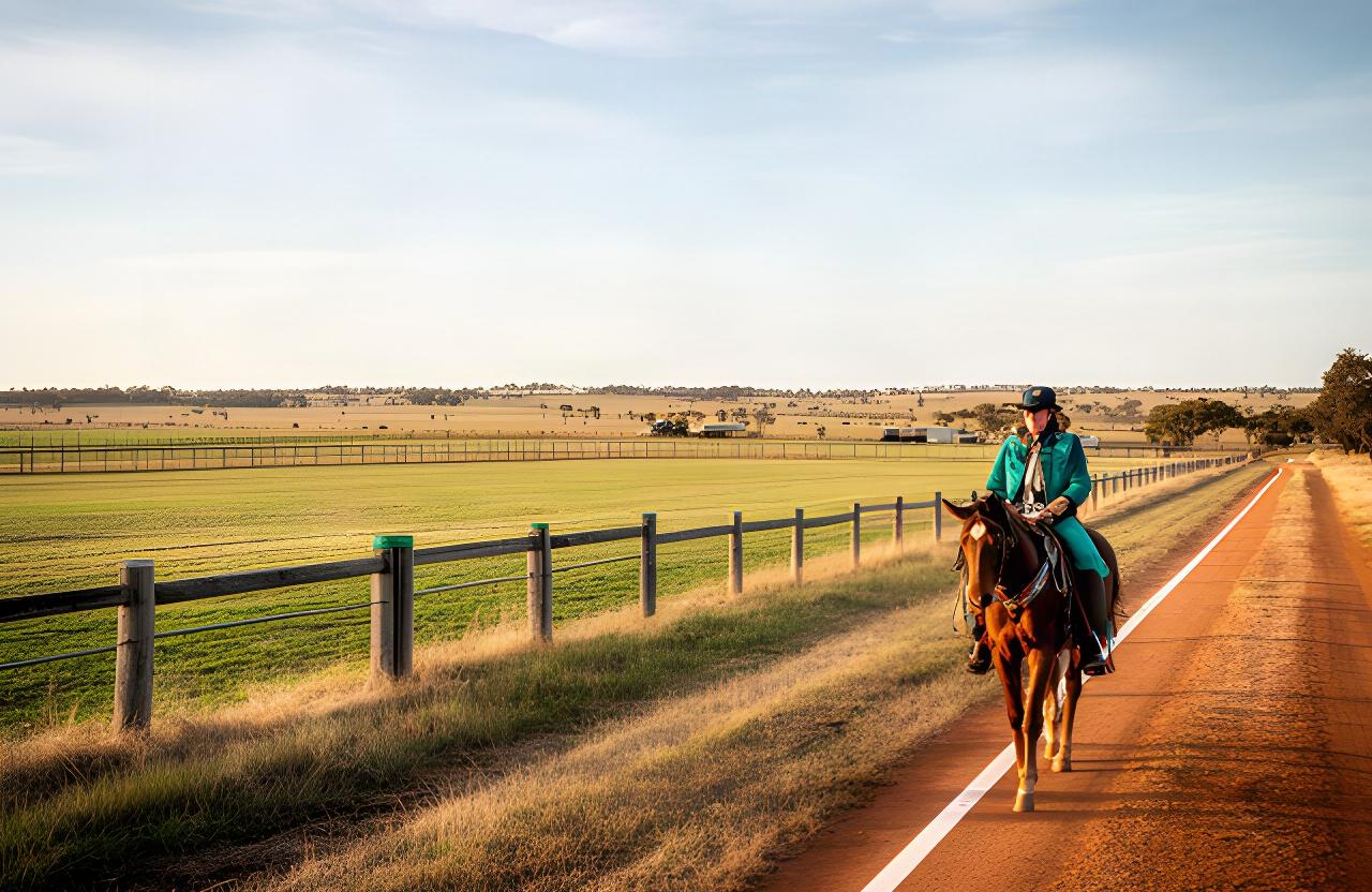 Horse and rider on a marked track beside open paddocks at a working Riverina property