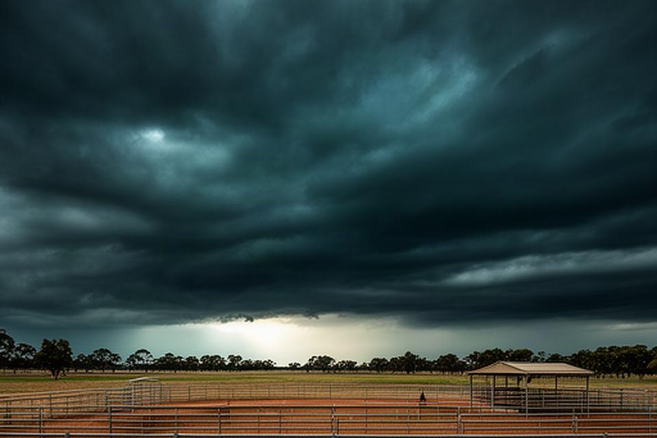 Dark storm clouds moving over a Riverina riding paddock and fenced horse yards