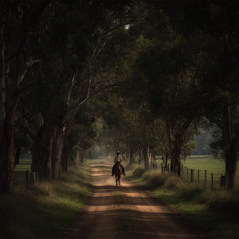 Shaded farm track bordered by mature trees on a guided ride