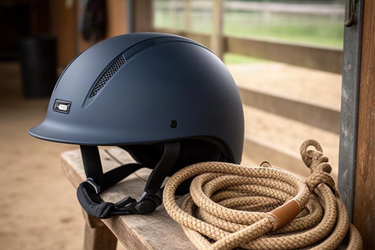 Riding helmet and lead rope prepared beside a stable before a booked horse riding session