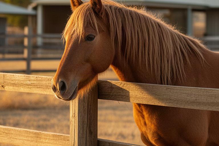 Calm horse waiting by a timber fence at a rural Leeton property in warm afternoon light