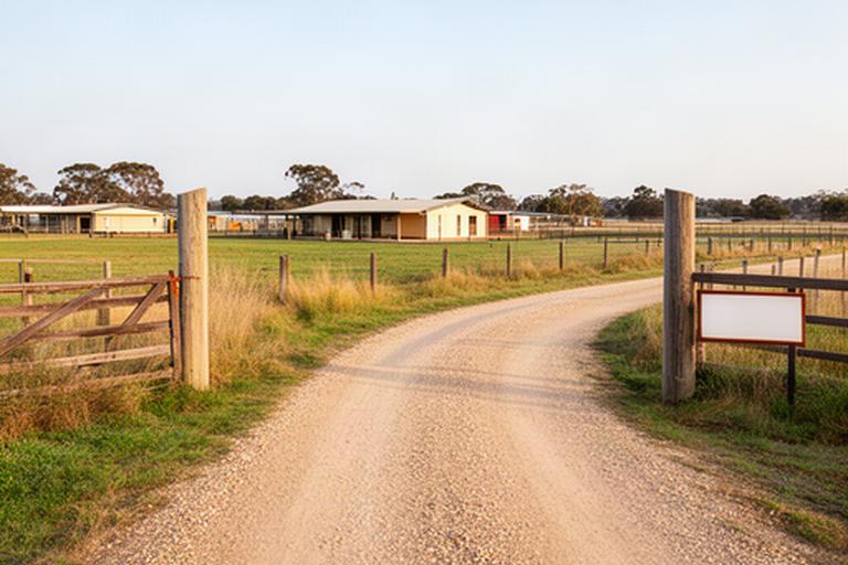 Rural entrance and gravel approach at a horse property on Gibbs Road outside Leeton
