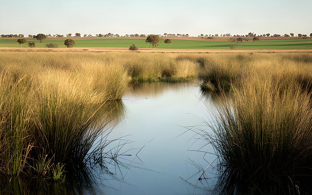 Wetland reeds and still water in the Riverina, with farmland visible across the horizon near Leeton