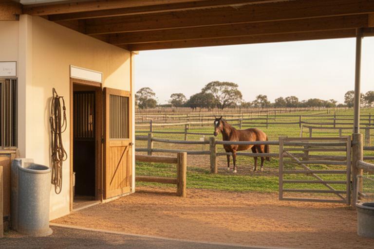Horse paddock and welcoming stable area where visitors can check in on a Leeton rural property
