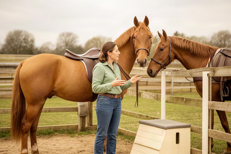 Rider speaking with a horse handler beside a mounting area at a rural equestrian property