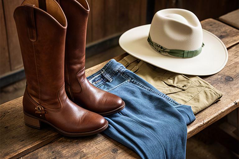 Riding boots with a small heel, long trousers and a sun hat set out before a horse riding session