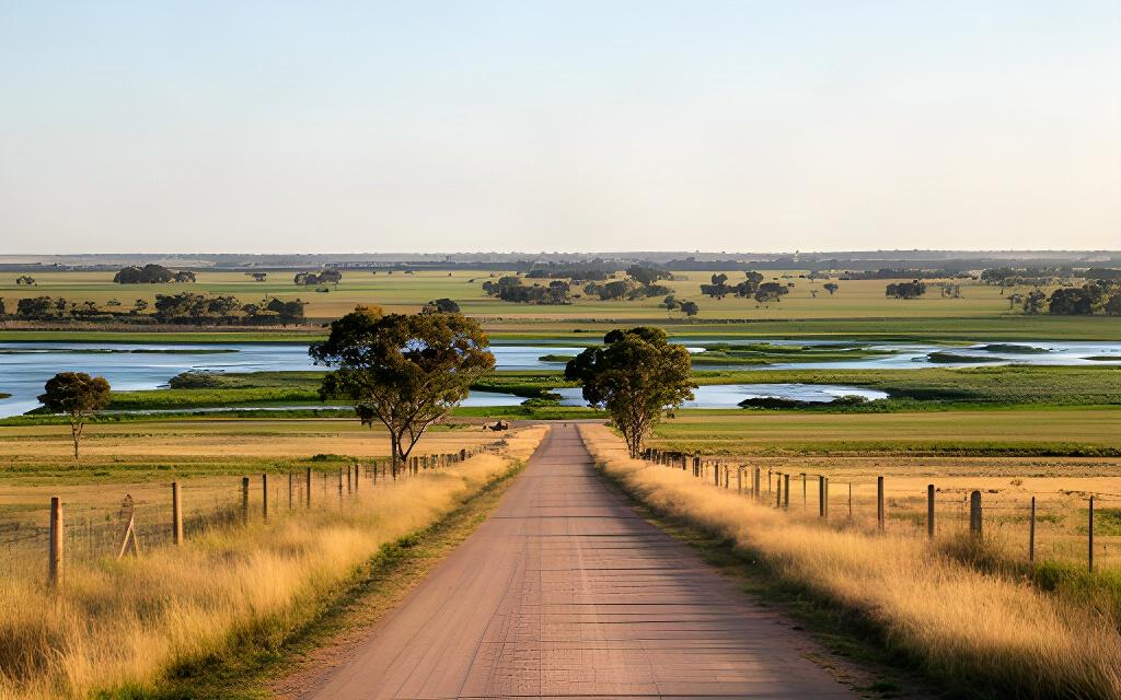 Quiet country road passing paddocks and wetlands on a Riverina day out near Leeton