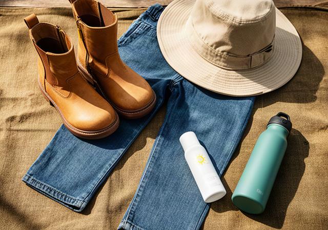 Child's riding boots, long trousers, hat and water bottle prepared for a farm visit